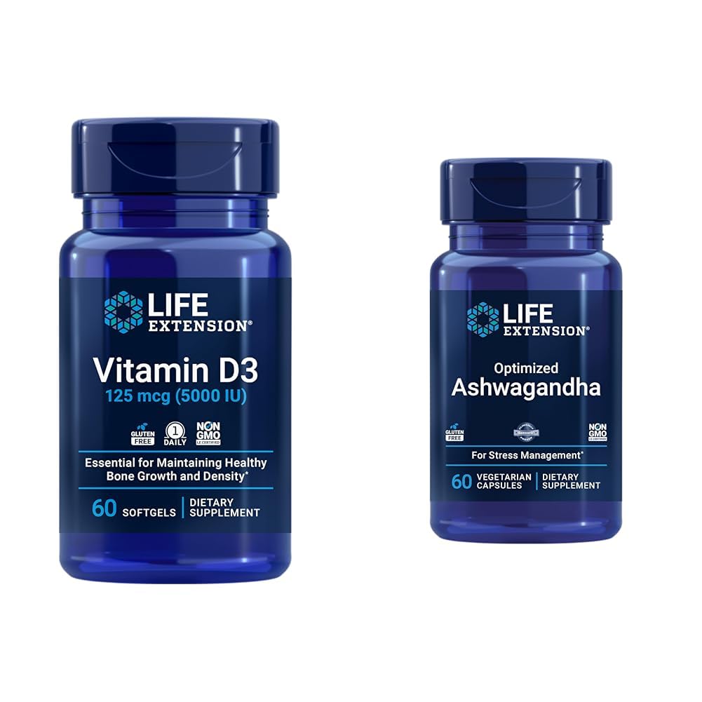Life Extension Vitamin D3 5000 IE, Ashwagandha - Stress Relief, Focus, Memory, Mood Support - Non-GMO Supplement Bundle