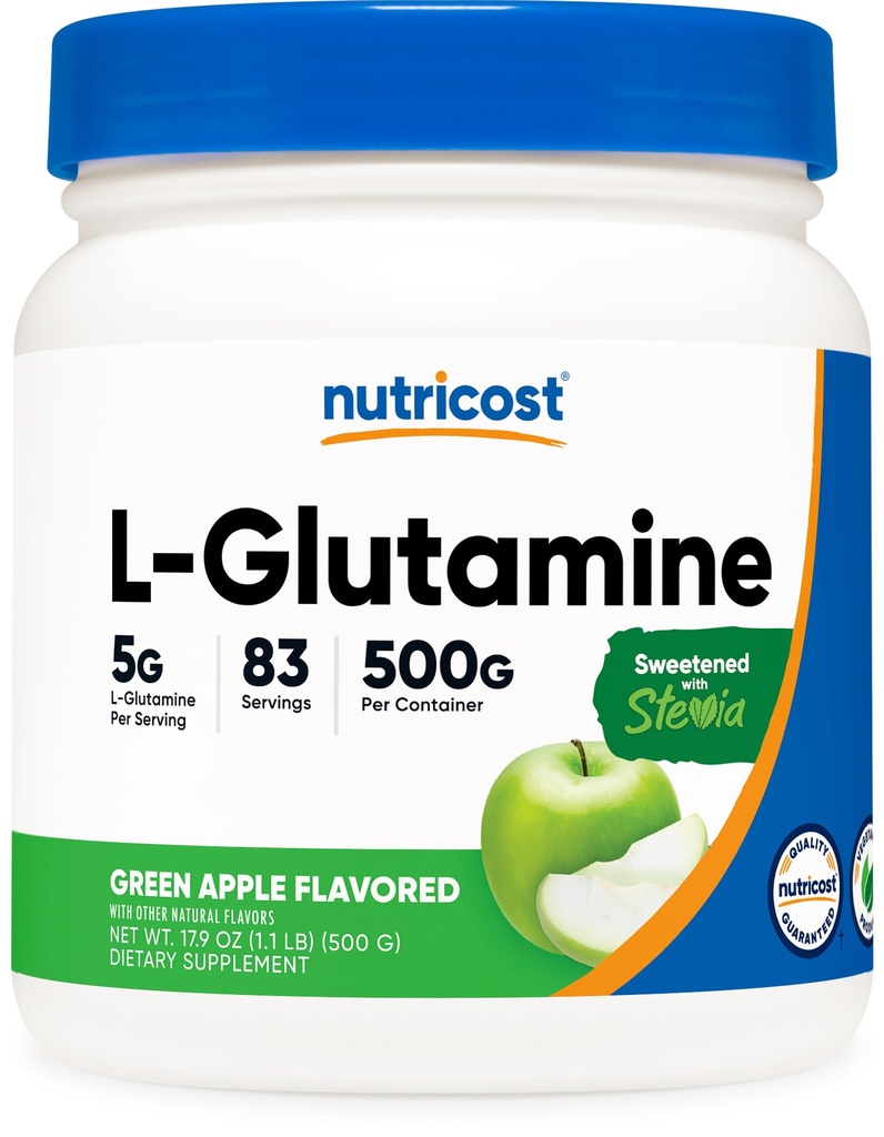 Nutricost L-glutamiini Powder Supplement (Green Apple) 500g - Gut Support, 5 gramman per Serving, Makeutettu Stevia - Gluteeniton, Ei GMO