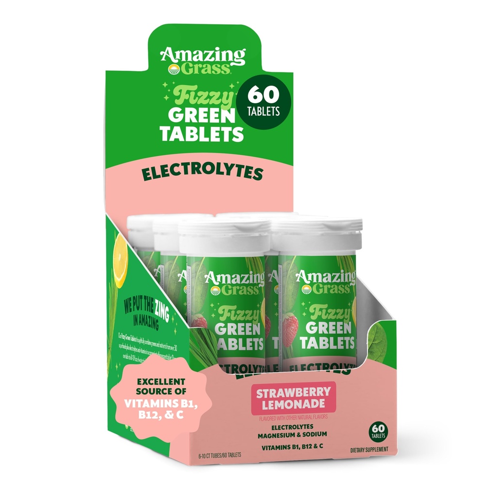 Amazing Grass Electrolyte Tabletit, Fizzy Greens vesi maku tabletti vitamiineja, Hydrate Strawberry Lemonade, 10 Count (Pack of 6) (Packaging May Vary)