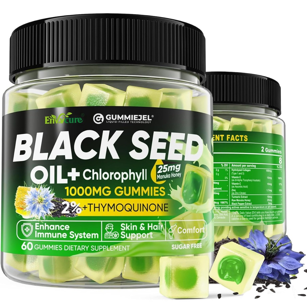 Musta siemenöljy Gummies & klorofylli, biotiini 500 mcg hydrolysoitua kollageenia, raaka manukahunajaa, orgaanista kylmäpuristettua hunajaa - Perimmäinen imeytyminen iholle, hiuksille ja kynsille, digestiivinen, yleinen terveys, 1 pakkaus