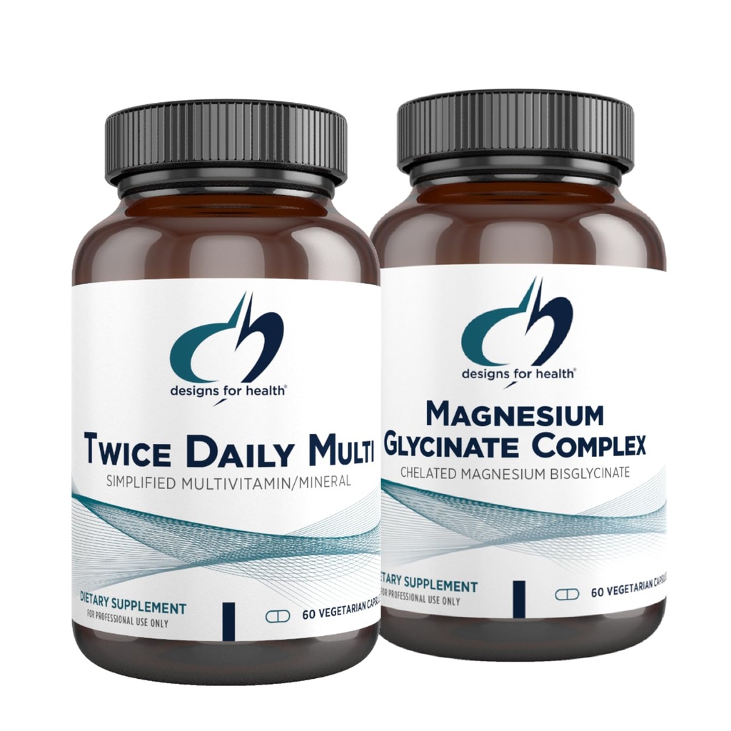 Designs for Health Magnesium Glycinate Complex (60 kapselia) & Kaksi kertaa päivässä Multi (60 kapselia) Bundle - Premium Multivitamiini Folaatti & suuri imeytyminen Magnesium täydennysosa