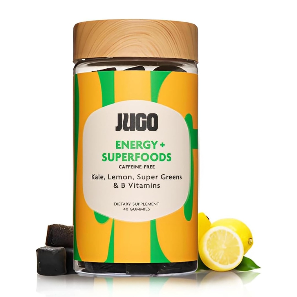 JUGO Energy + SUPERFOODS ... B12-vitamiini Gummie ja Kale & Super Greens... 40 Count Comfeine-free Energy Gummies...