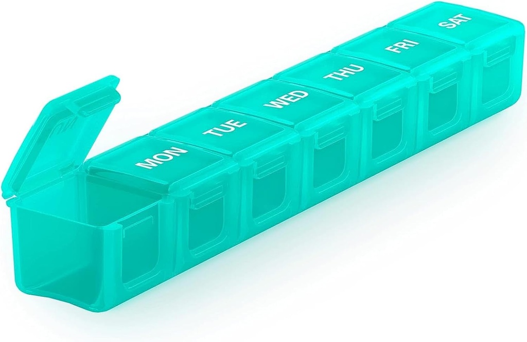 Sukuos Extra Large Weekly Pill Organizer, 7 Day Daily Pill Box Case Arthritis Friendly, Silkscreen Printed Medicine Container med Clear Lid för vitaminer, fiskoljor eller kosttillskott (Cyan)