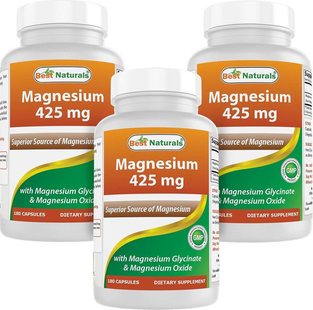 Best Naturals Magnesium 425 mg 180 Kasviskapselit - suuri imeytyminen Magnesium Glycinate & Magnesiumoksidi Kelatoitu, ei-GMO, gluteeniton lihasrelax (180 laatikko 3)