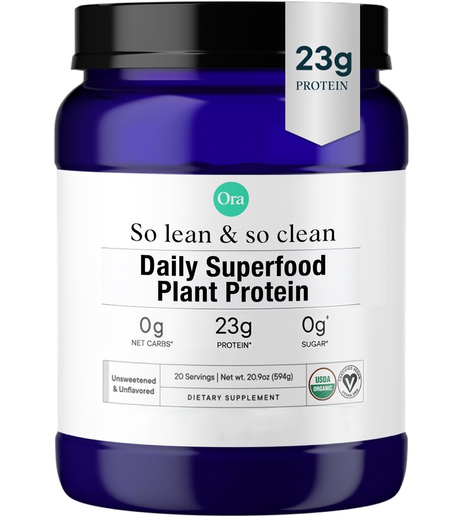 Ora Organic Vegan Protein Powder - 23g Kasvipohjainen Pea Protein + Superfood for Women and Men - makeuttamaton ja makuamaton - 20 Tarjoilua, Ei Erythritol, Keto-ystävällinen, Gluteeniton, Paleo, soija-vapaa