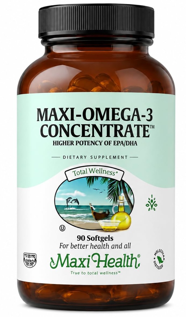 Maxi Health Omega 3 Supplement - Omega-3 Fish Oil Concentrate - Högre styrka källa av EPA / DHA fettsyror - Hjärta, hjärna och gemensam hälsa - Kosher Certified Wild fångad fisk - 90 vegetariska Softgels