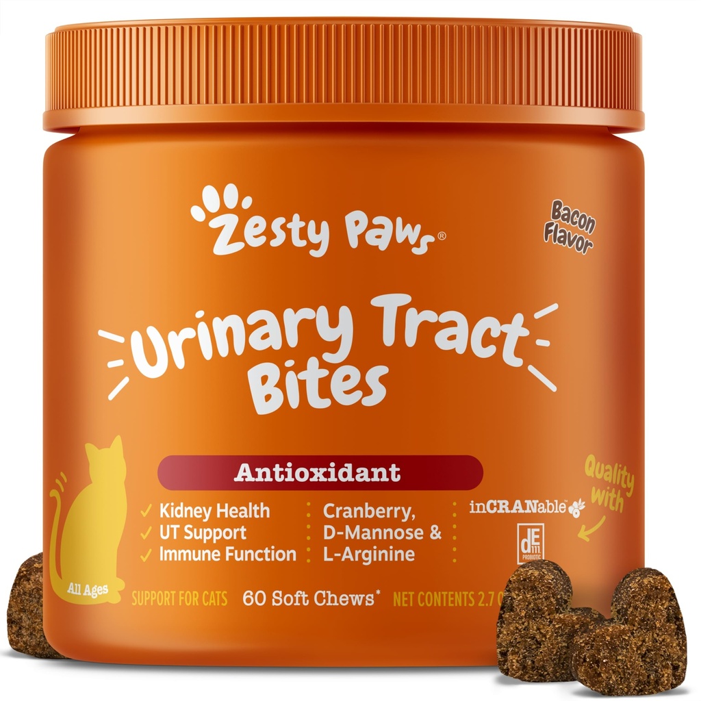 Zesty Paws Cranberry Urinary Tract Bites for Cats - Kidney & Urinary Tract Health - Soft Chews med D-Mannose, Vitamin B6 & L-Arginine - Immune & Gut Support - Bacon - 60 Count