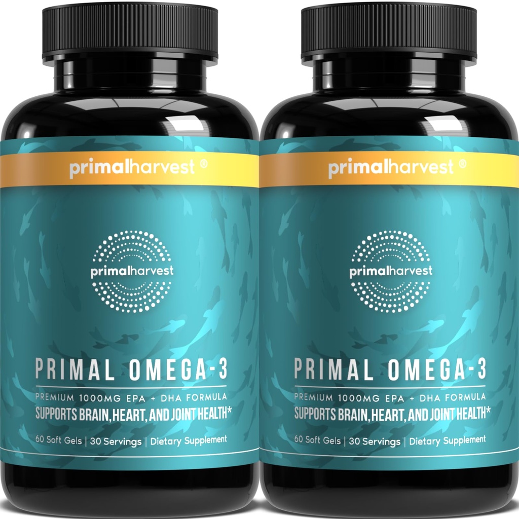 Primal Harvest Omega 3 Fish Oil lisäravinteet, 30 Tarjoilut Soft Gels Kapselit w/ 1000 mg EPA + DHA lisäravinteet, No Fishy Burps Non GMO Omega 3 rasvahappo, 2 pakkaus