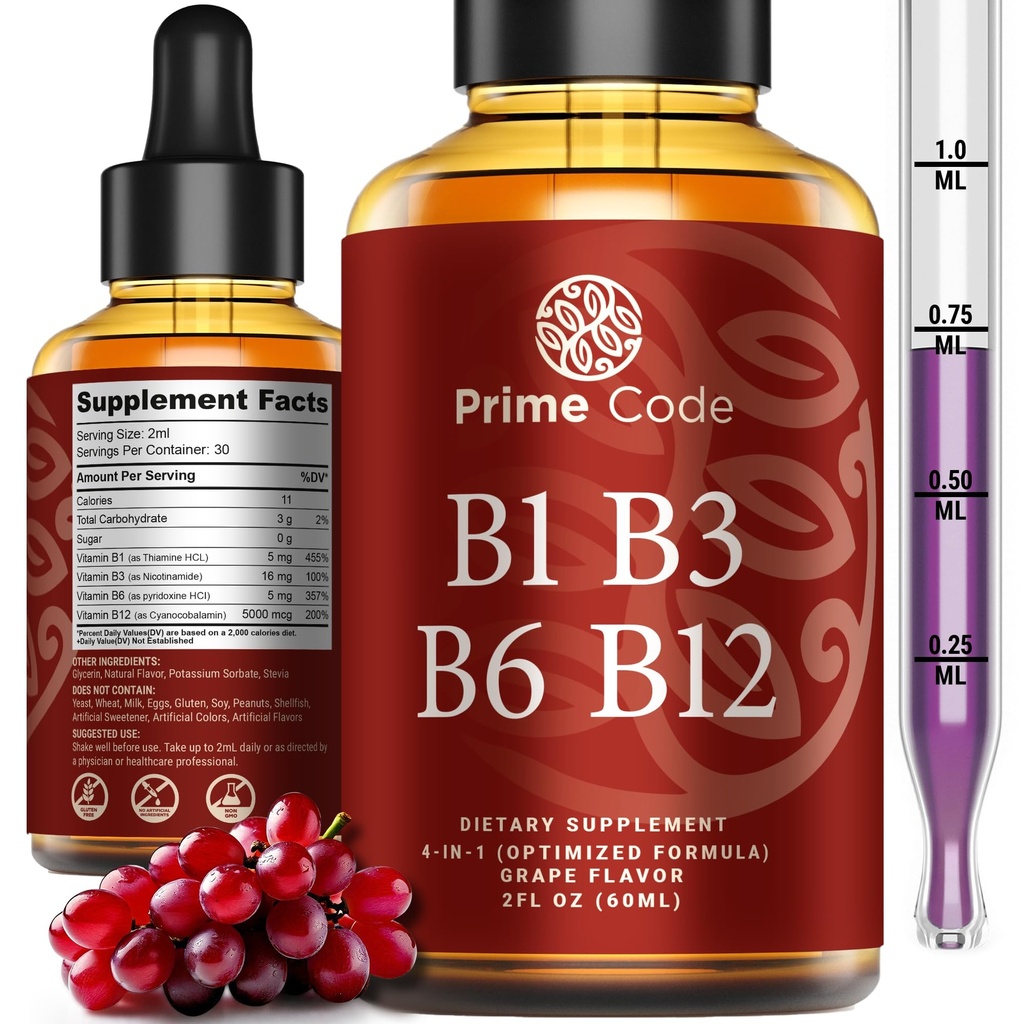 Prime Code Liquid B1-vitamiini Drops kanssa B3 B6 & B12 B Complex Liquid Supplement 
