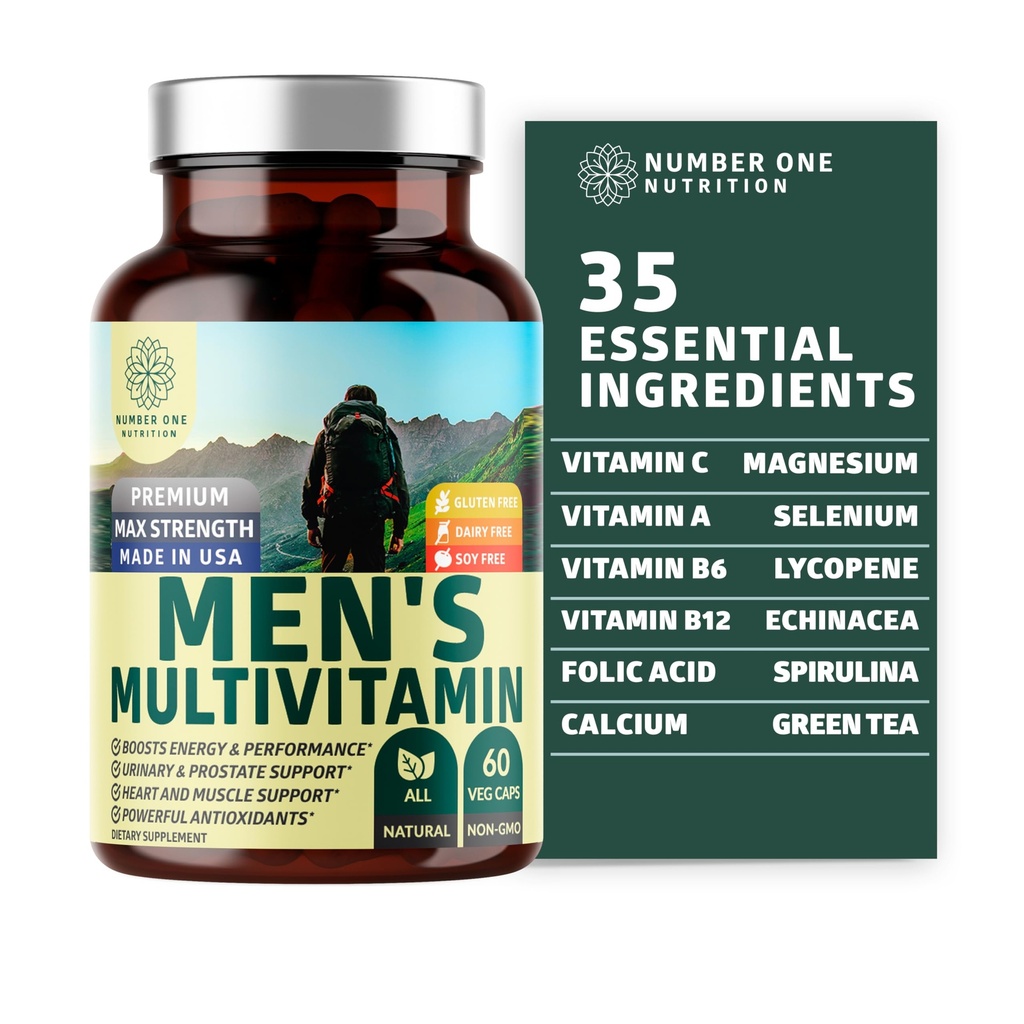 Number 1 Nutrition Premium Men's Daily Multivitamiini Multimineral Supplement [Gluteeniton, ei-GMO], Vitamiinit A C E D B1 B2 B3 B5 B6 B12, Magnesium, Biotiini, Sprulina, ja Sinkki, 60 Veg Caps
