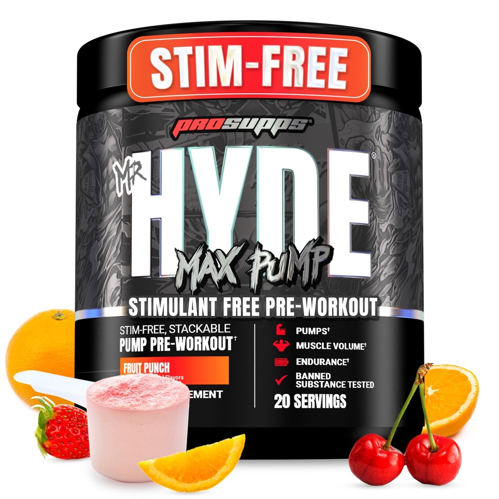 PROSUPPS Mr Hyde Max Pump Pre Workout Powder - Stim-Free Preworkout stöder blodflöde, muskelvolym och uthållighet - Koffeinfri Nitric Oxide Gym & Fitness Supplements (Fruit Punch, 20 portioner)