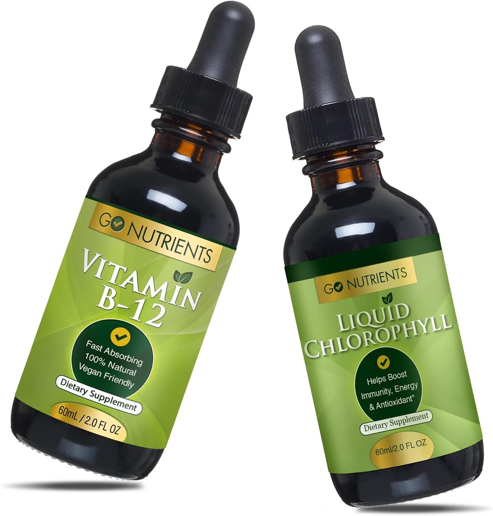 Go Nutrients B12 2 oz & Liquid klorofylli 60 ml GMO vapaa, kasvisystävällinen, gluteeniton, soijaton, nestemäinen klorofylli Vegaani ystävällinen B12 Alakielinen lisä 3000 mikrog metyylikobalamiini