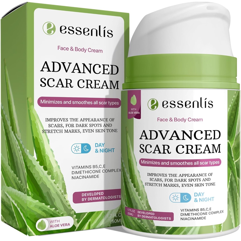 Scar Removal Cream naisille ja miehille, nopea korjaus uusien vanhojen arpien, täplät, polttaa kaikki luonnollinen hoito E-vitamiini, B5, C, Aloe Vera, 1.7 Fl Oz