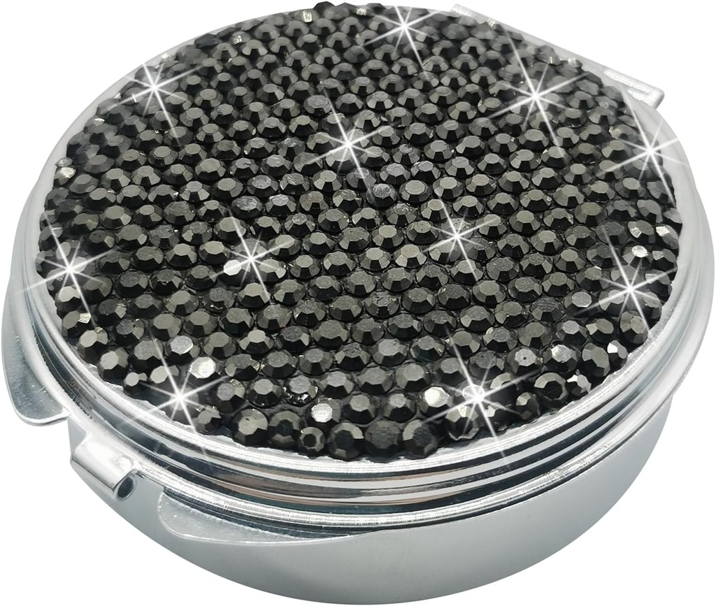 Bling Pill Case for Purse Medicine Vitamin Container Holder Pocket Pill Case Round Medicine Organizer för vitamin / fiskoljor / tillägg Travel Medicine Kit (3 Compartment Black)