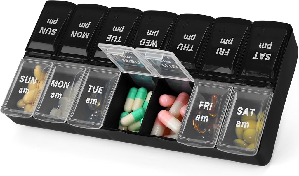 7 Day Weekly AM PM Pill Organizer, 2 kertaa päivässä suuri pilleri tapauksessa pilleri laatikko pillereitä vitamiini täydentää lääkkeitä (musta + valkoinen,2 kertaa)