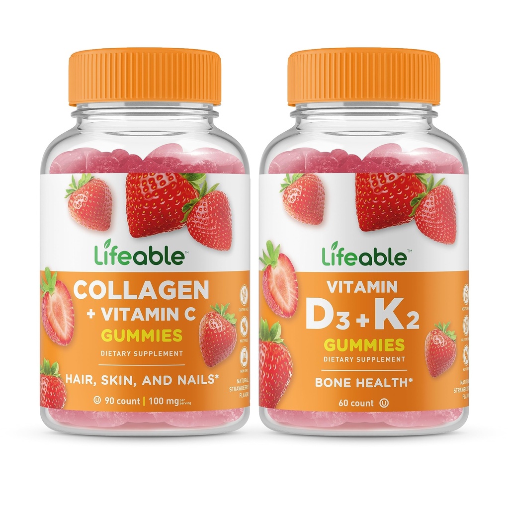 Elinkelpoinen kollageeni & C-vitamiini + D3-vitamiini + K2-vitamiini, Gummies Bundle - suuri kastike, vitamiinilisä, gluteeniton, GMO-vapaa, purukumi