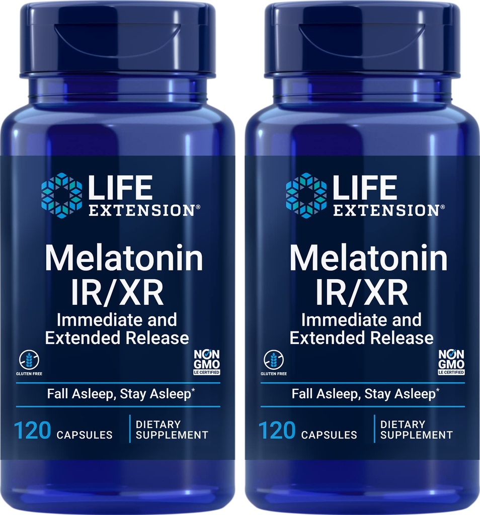 Life Extension Melatoniini IR/XR, 120 kapselia (pakkaus 2) - Välittömästi & Laajennettu Release 7 Tuntia Tuki - Yöaika Supplement - Pysy Nukkua All Night Long - Ei-GMO, Gluteenittomat