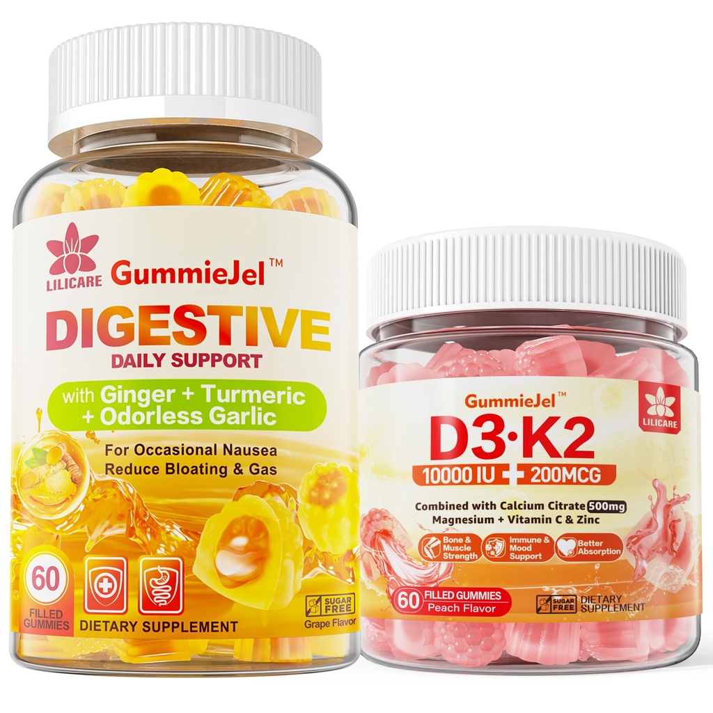 D3-vitamiinia K2 Täytetyt Gummyt 5000 IU / 10 000 IU 500 mg kalsiumia, magnesiumia Citraattia, C-vitamiinia ja inkivääripuruja täydentää Pahoinvointia, vatsakipua helpottavaa