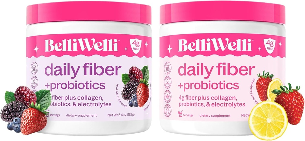 Belli Welli Daily Fiber Supplement Bundle med Collagen, Probiotics & Electrolytes - Strawberry Lemonade & Wild Berry Flavors - Stöder Digestion, Gut Balance och Debloating - 32 portioner