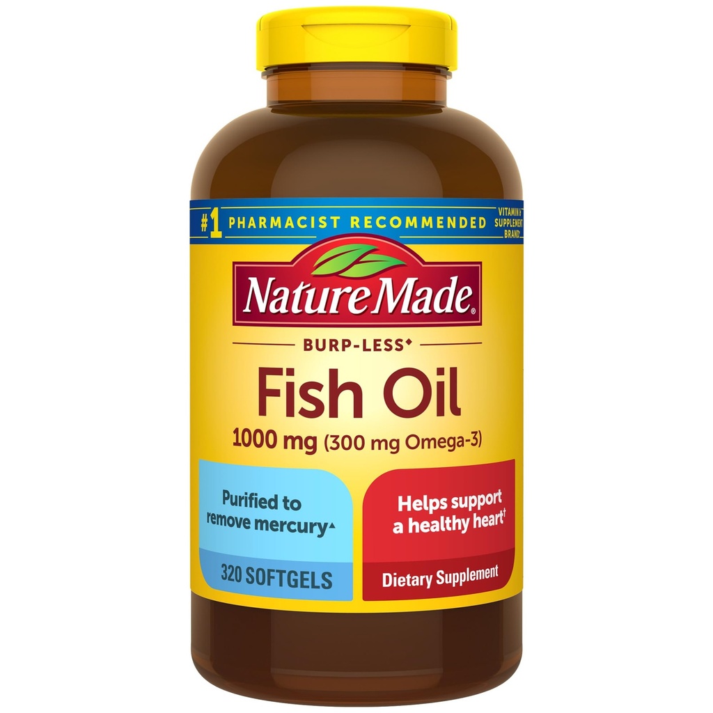 Luonto Made Burp Vähemmän kalaöljy Omega 3 Lisäravinteet, 1000mg Softgels, Omega 3 Fish Oil Supplements for Healthy Heart Support, 320 Softgels, 160 päivän tarjonta