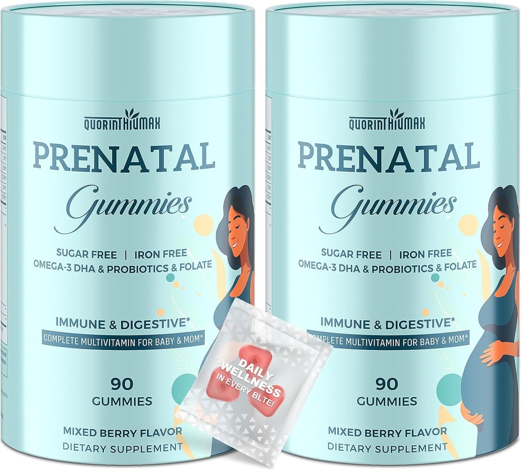 Prenatal Gummies Sugar Free 180 Count - Organics Prenatal Vitamiinit naisille Folaatti, DHA & Probiootit - Iron Free Prenatal Vitamiini Gummies for Immuuni & Dgestive - 2 pullot