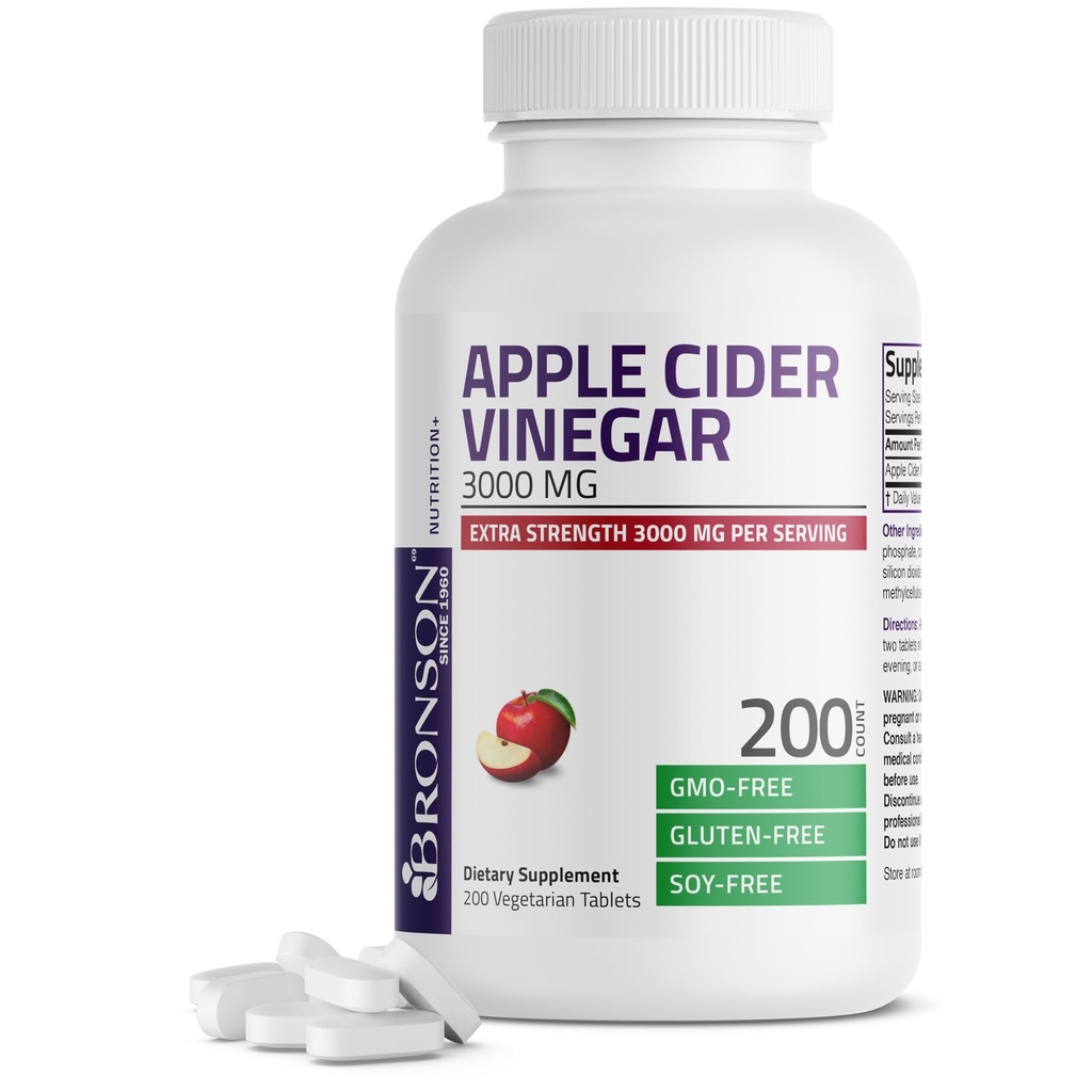 Bronson Apple Siideri Viinietikka 3000 MG per Tarjoilu Extra Strength - ei-GMO, 200 kasvissyöjä Tabletit