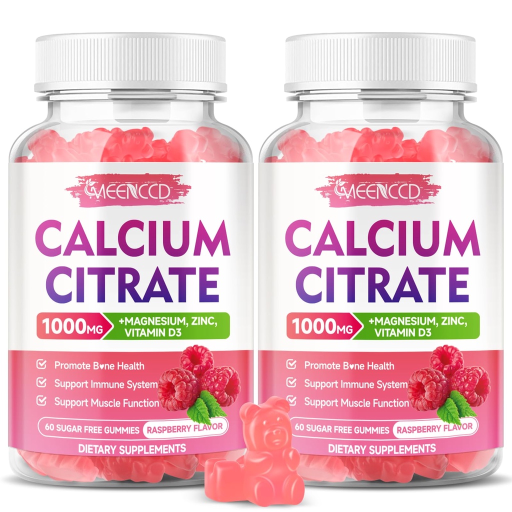2 Pack Calcium Citrate Gummies 1000mg w / vitamin D3, High Absorption Calcium Gummies för kvinnor och män, Plus Magnesium, Kalcium, Zink för muskel & immun, Raspberry Flavor, 120 greve
