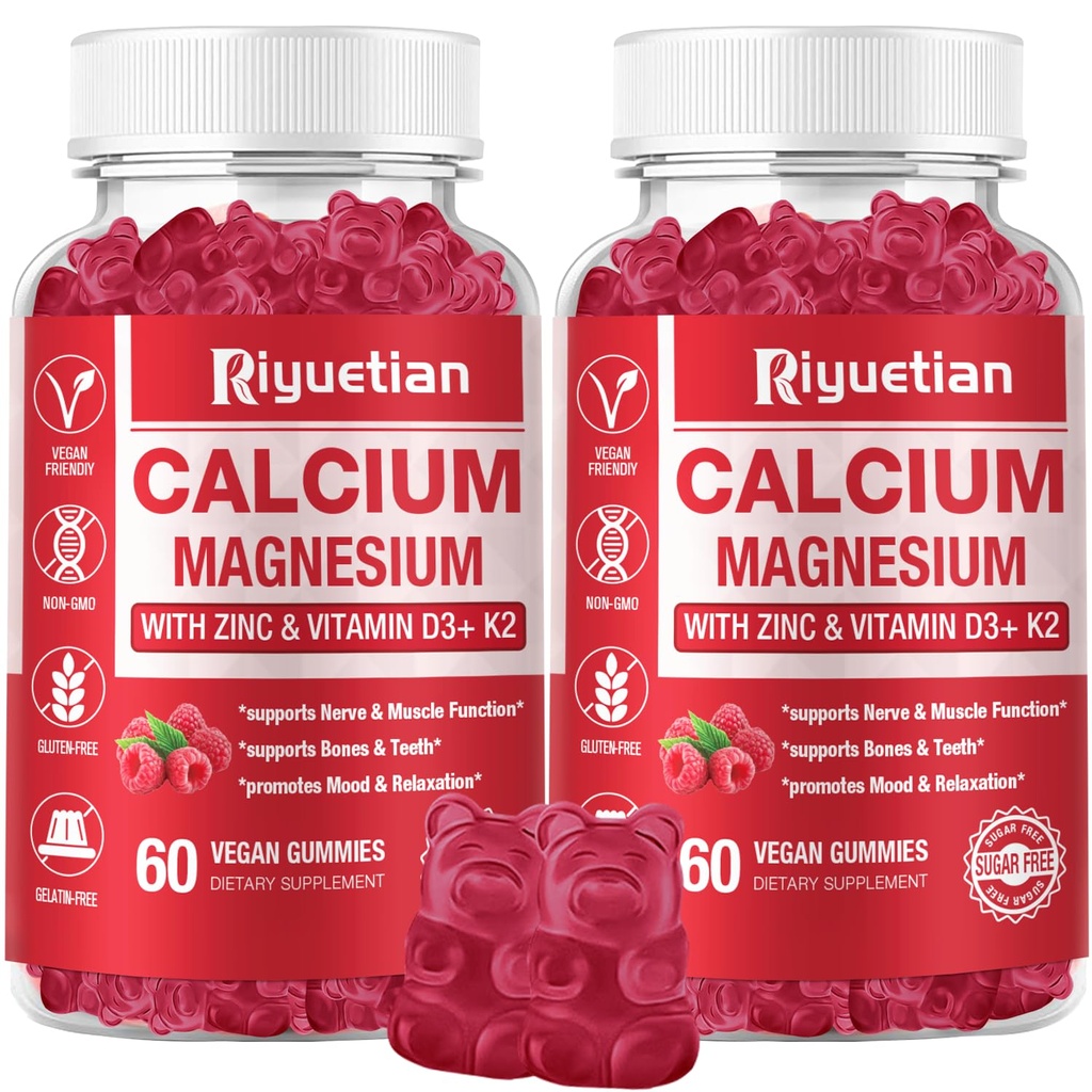 Calcium Gummies + Magnesium & Sinkki D3- ja K2-vitamiinin kanssa, suuri imeytyvä kalsiumlisä luulle, hampaille ja immuunituelle, muu kuin GMO, vegan, 120