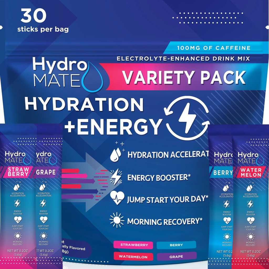 HydroMATE Elektrolyyttejä Powder Drink Mix Packets Hydraation Accelerator Low Sugar Party Favors for Rapid Recovery C-vitamiini Plus Comfeine Variety Pack - 30