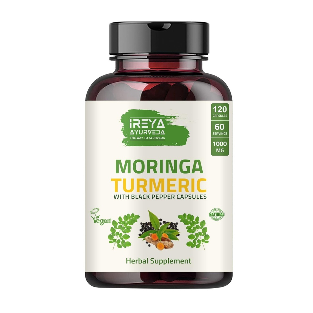 Organic Moringa Oleifera Powder & Turmeric Root Powder with Blackpepper 120 Capsules Made with Organic Moringa, Turmeric and Black Pepper .
