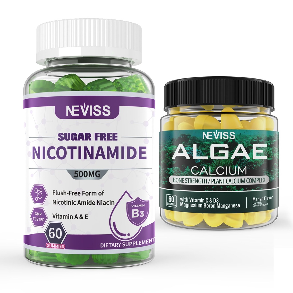 NEVISS Nikotinamidi 500 mg Gummie + Marine Algae Kalsium Gummie Bundle