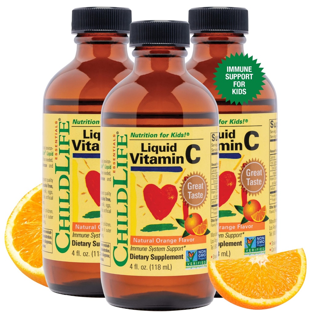 CHILDLLIFE OLENNAISET Nestemäinen C-vitamiini - Pure C-vitamiinin nestemäinen täydentää lapsille, Immuunijärjestelmä tuki, Suuri maku - Luonnollinen Orange Flavor, 4 Fl Oz (pakkaus 3)