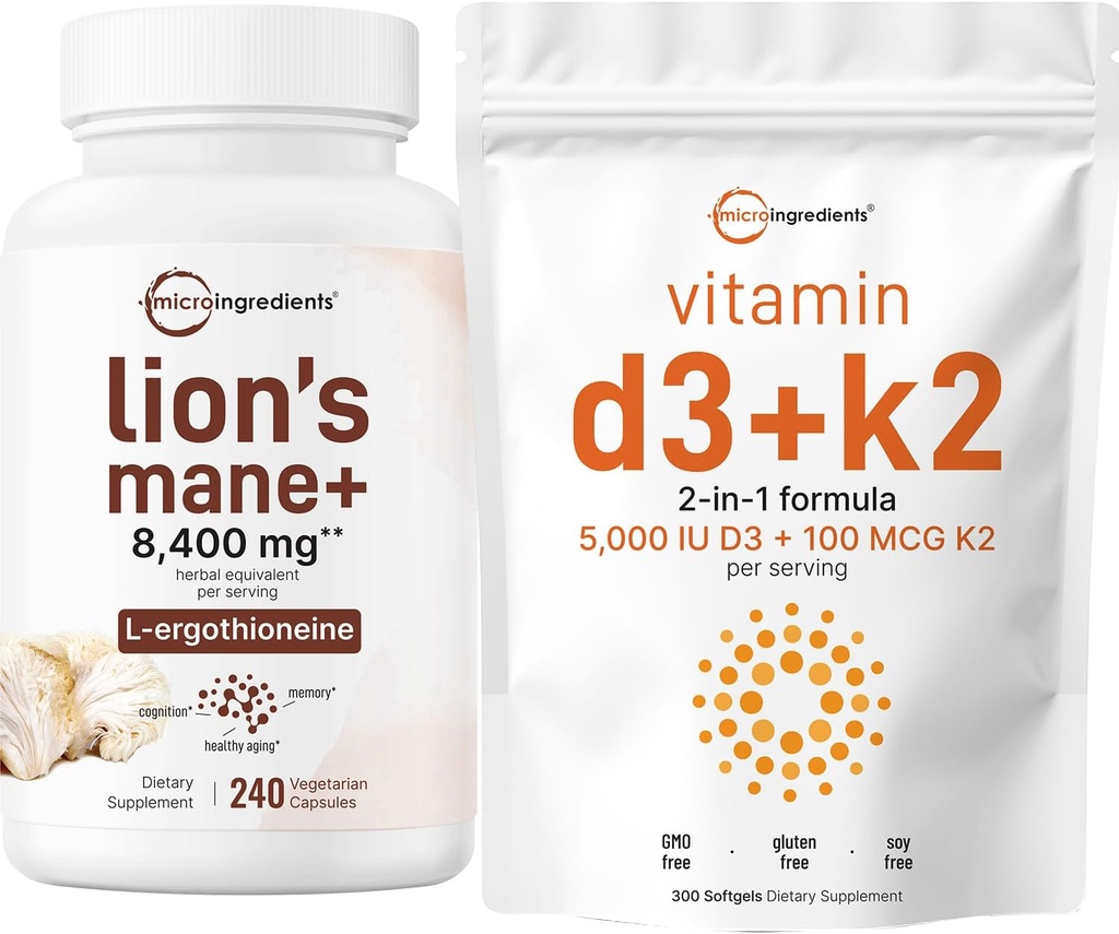 Micro Ingredients D3-vitamiini 5 000iu + K2 100mcg Softgels & Lions Mane Supplement 240 Kasvis Kapselit Bundle 2 Pack ...