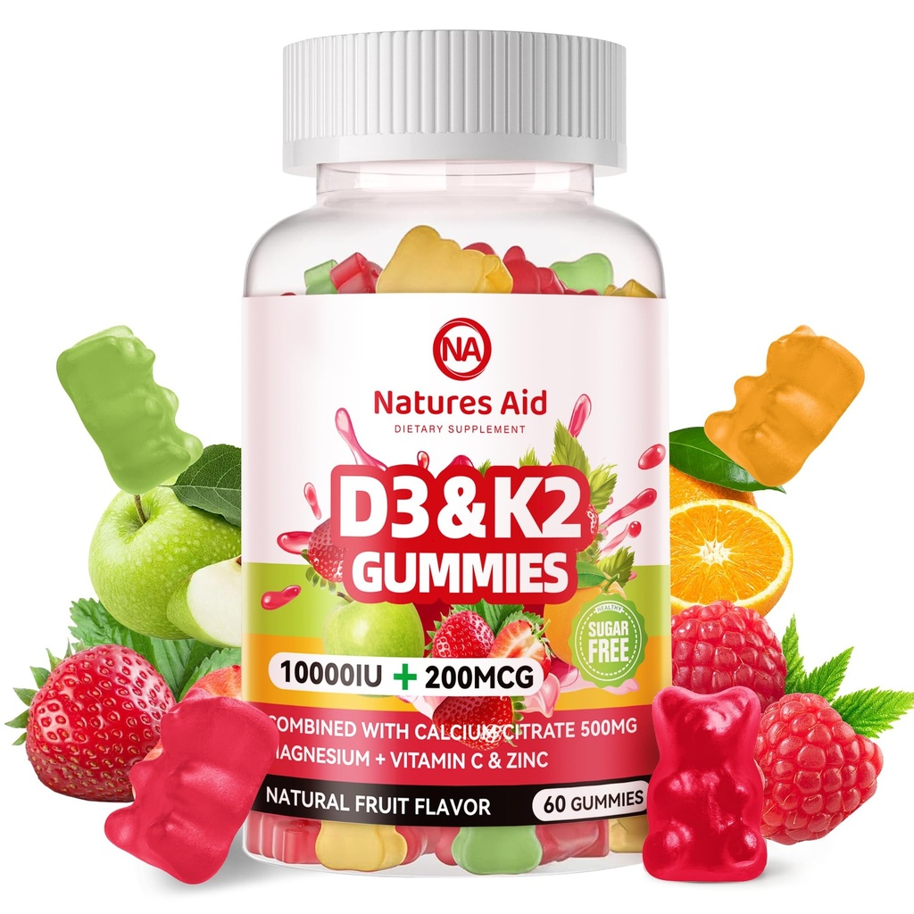 Natures Aid Sokeriton D3-vitamiini K2 Gummies kalsium + K2 (MK-7), magnesiumsitraatti, C-vitamiini, Extra Strength - Ultimate Imeytyminen luun Lihas hampaat Immuuni, Vegan - 60 Gummies