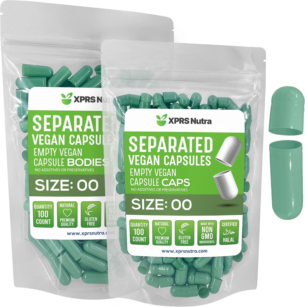 XPRS Nutra Vegan Koko 00 Erilliset kapselit - 100 Count Premium Tyhjät kapselit Erotettu laukkuihin - 00 Pillerit Tyhjä DIY täydennystä (Sage Green)