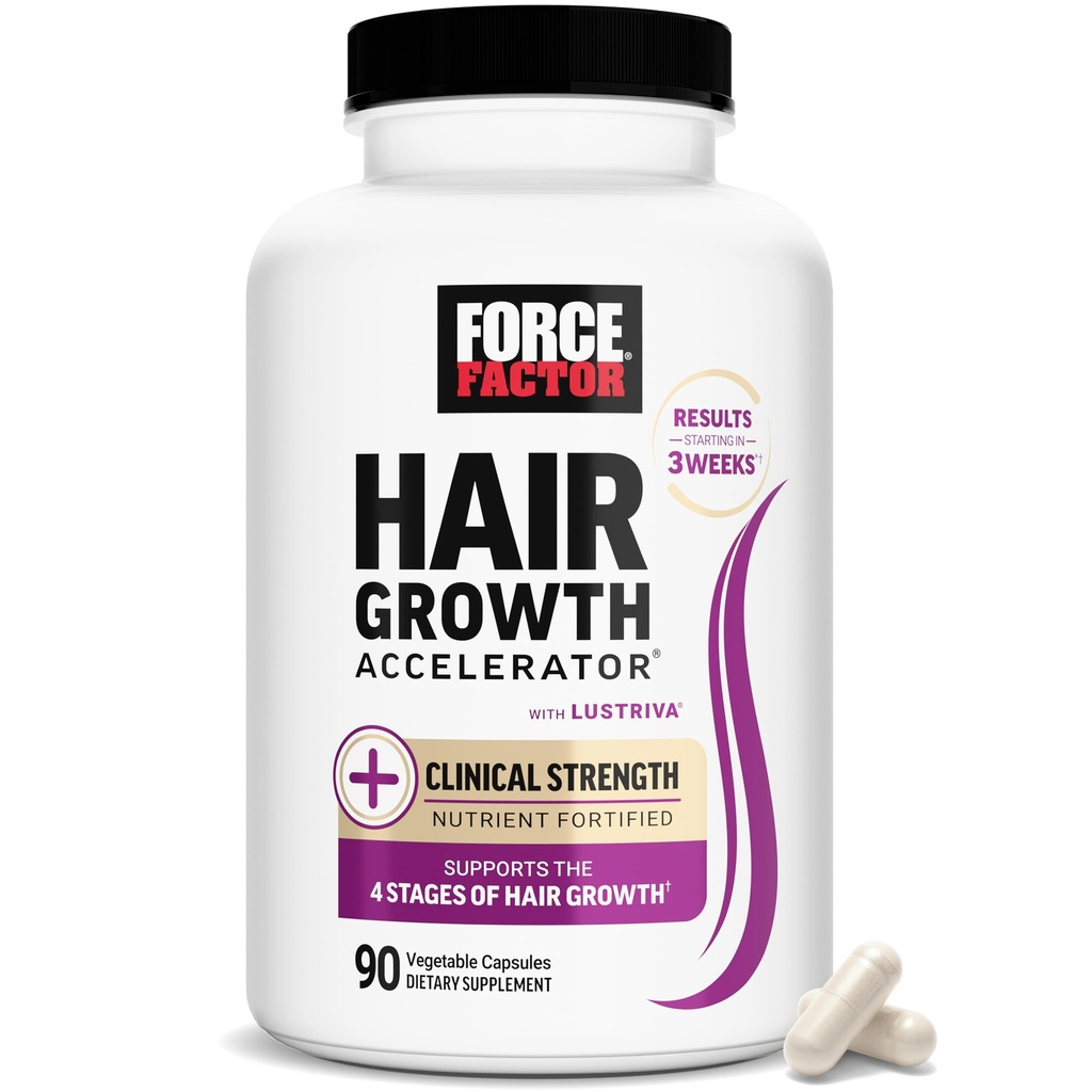 FORCE FACTOR Hair Growth Accelerator Multivitamiini naisille ja miehille, Lustriva, Biotin, Horsetail & Vitamiinit A, B12, C, D & E thicker hiukset, terveempi iho & kynnet, 90 kapselia