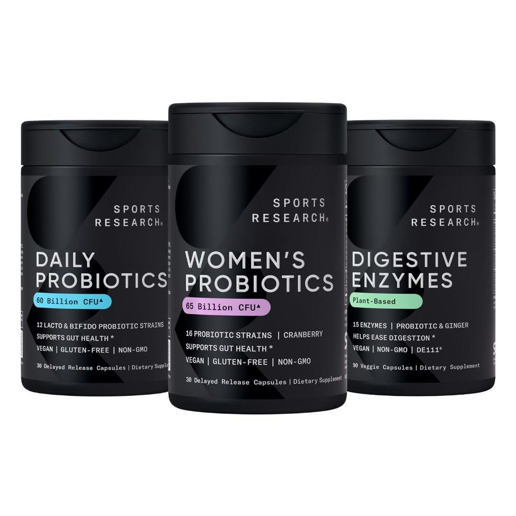 Sports Research All Vegan: Daily Probiotics with Prebiotics (60 miljardia PMY), Dgestive Enzymes with Probiotics & Ginger (Plant Based) & Women's Probiotics with Prebiotics (65 miljardia PMY)