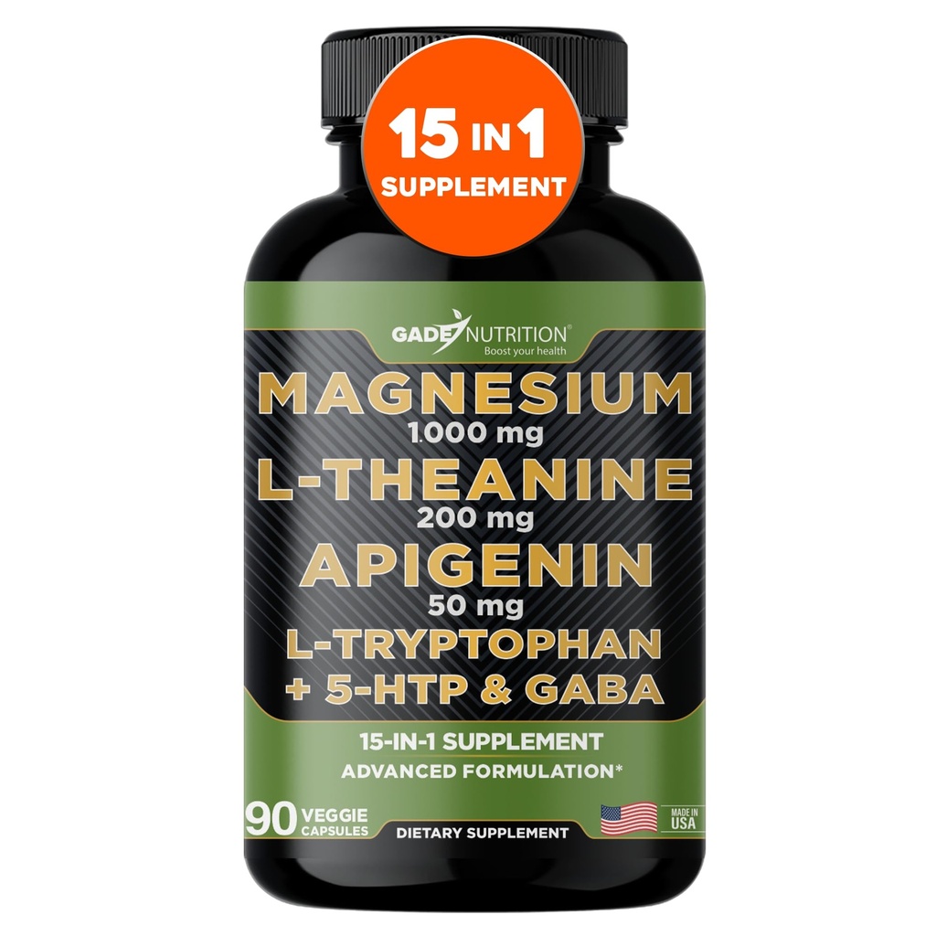 Gade Nutrition Magnesium Glycinate & Magneusum Lisäravinteet Apigenin, L Theanine 200 mg, 5 HTP, GABA Rauha aivojen Booster Supplement Uniapu Ashwagandha L Tryptophan Kamomilla