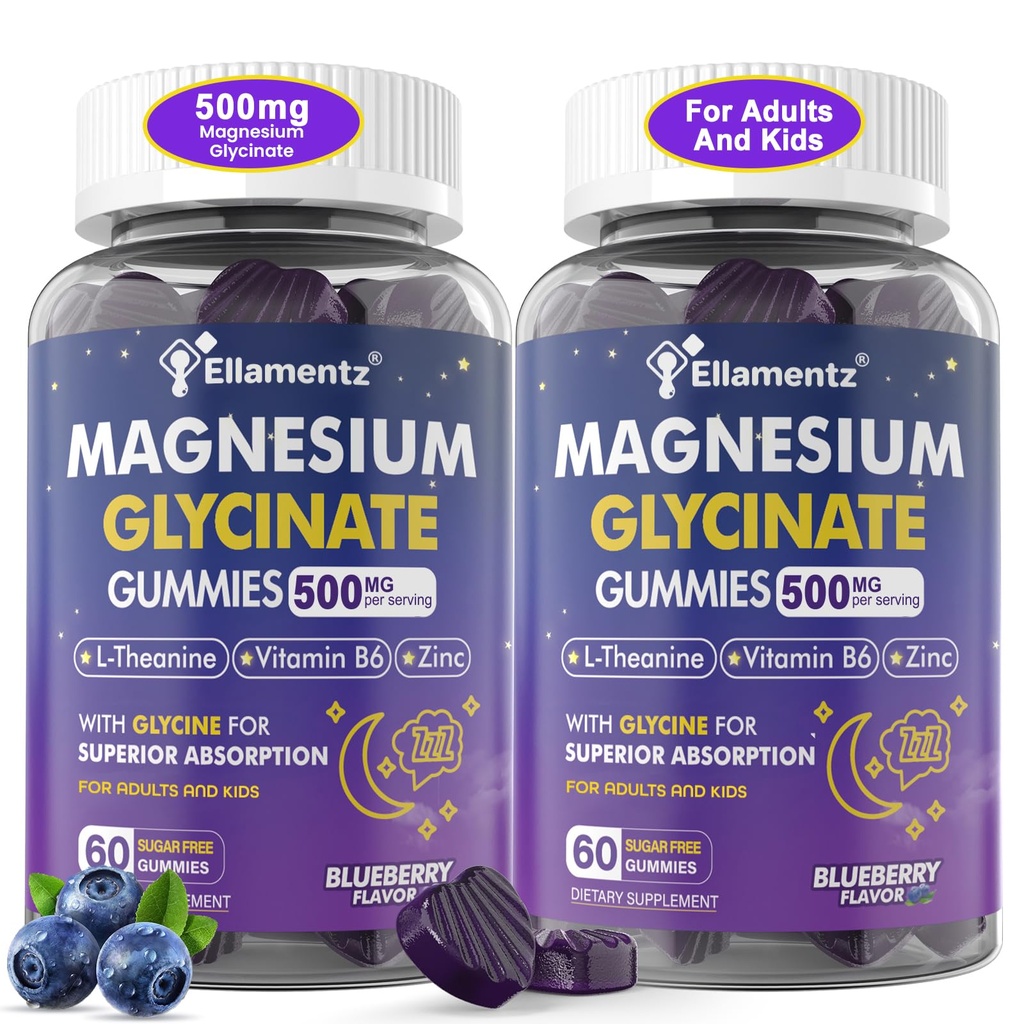 Magnesium Glycinate Gummies 500mg / 250mg för vuxna barn tonåringar, sockerfri magnesium lugn sömnhjälp, barn sova gummies med L-Theanin Glycin B6 för sömn, lugn, muskel, relax hjärna, ingen melatonin, 2pack