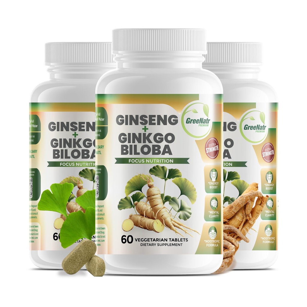 GreeNatr Ginko Biloba & Panax Ginseng Supplement - Red Ginseng Brain Supplement for Memory and Focus - Ginkgo Biloba Supplements for Good Vision, Immuunijärjestelmä ja parannettu veren virtaus - 3 pullot