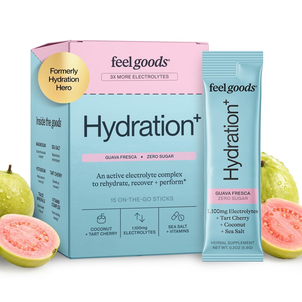 Feel Goods Hydration Hero, 1000 mg Electrolytes Powder, Sugar Free, Magnesium, Organic Coconut Water, L Theanine, Vitamiini C & B12, Non GMO, Keto, Vegan, Electrolyte Packets ...