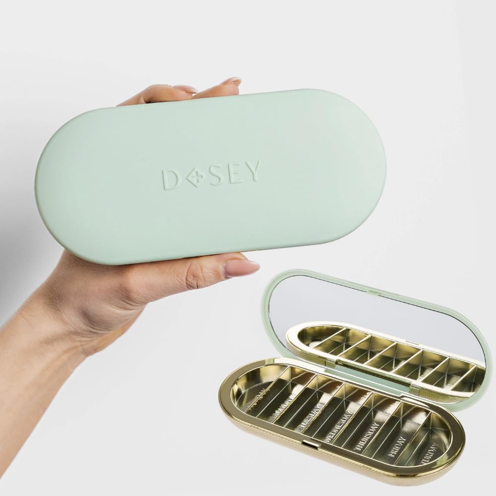 Dosey 7 Day Pill Compact Travel Pill Organizer - Pill Case med 7 Pill Compartments for Medicine Storage & Protection - Stylish & Elegant Medication Organizer med Mirror, Sage