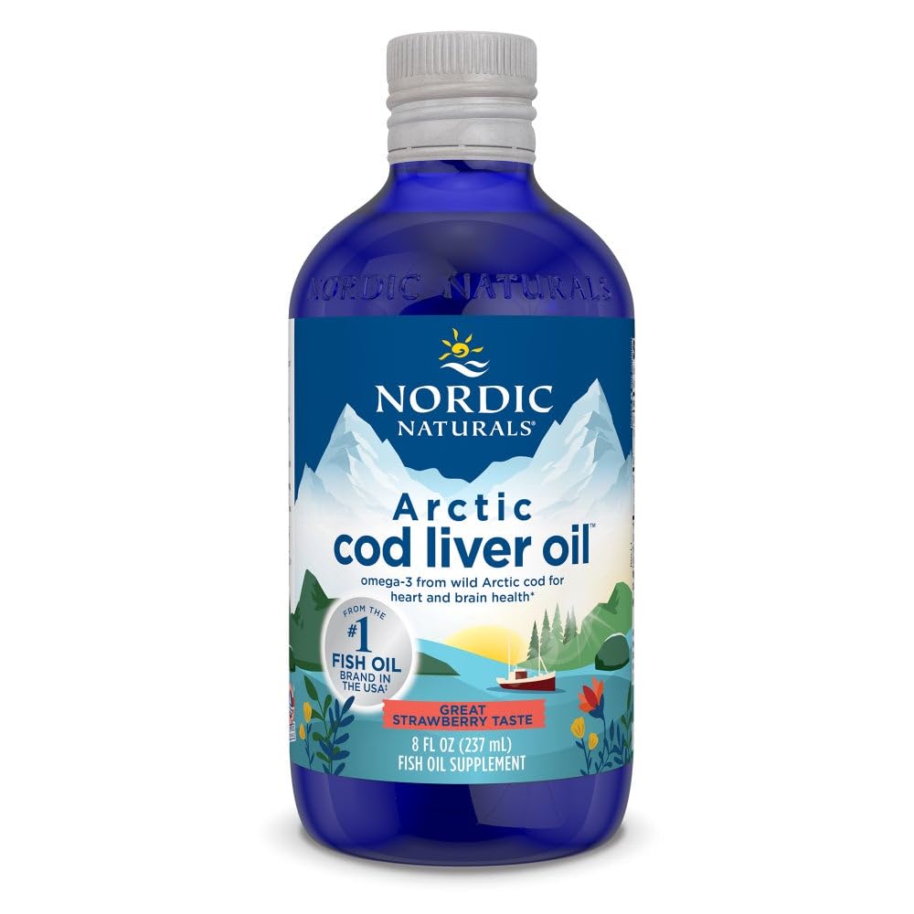 Nordic Naturals Arctic Cod Liver Oil, Mansikka - 8 oz - 1060 mg Total Omega-3s with EPA & DHA - Heart & Brain Health, Terve immuniteetti, yleinen hyvinvointi - ei-muuntogeenisiä organismeja - 48 Servings