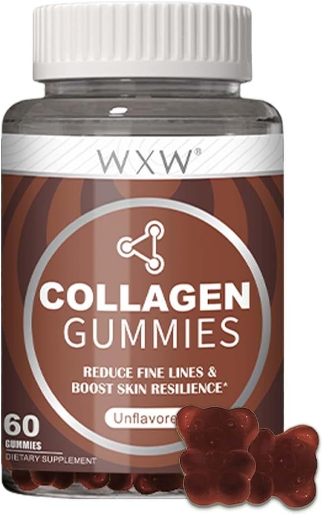WXW Hydrolyzed Collagen Peptides Gummies for Women, ei-GMO Anti-Aging Formula Biotiini, Sinkki, C-vitamiinit hiukset, iho ja kynnet 60ct, Vanilla Unmauged