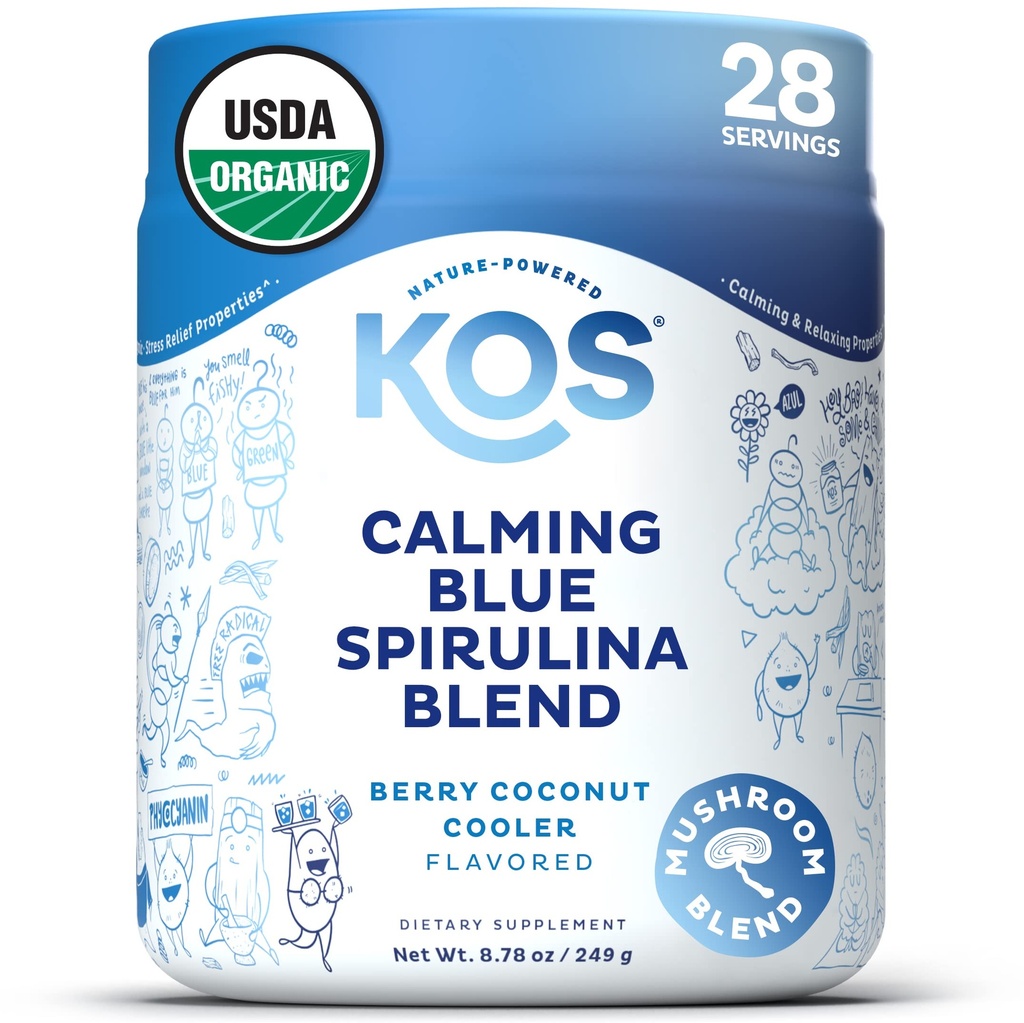 KOS Calming Blue Spirulina Blend- USDA Certified Organic - Algae Superfood Powder Ashwagandha Root, Lemon Balm, Reishi Sieni, B-vitamiinit - Berry Coconut Cooler Flavor, 28 Tarjoilut