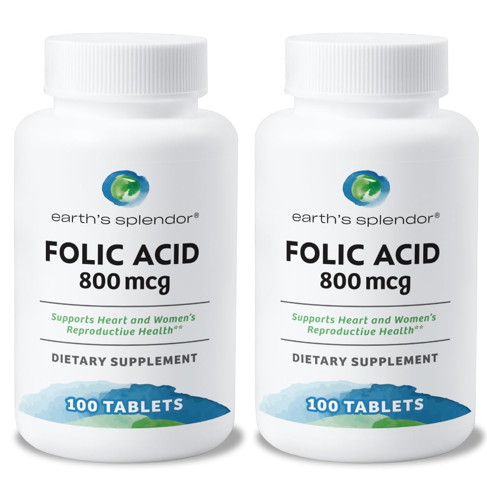 Jordens Splendor Folic Acid 800 mcg Supplement, stöder hjärthälsa, stöder kvinnors reproduktiv hälsa, Smidbelagda tabletter (800 mcg, 200 tabletter, paket med 2)