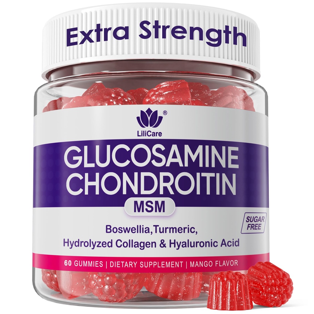 Glukosamiinikondroitiini Gummit, sokeriton Glukosamiinikondroitiini-MSM-lisä, lisävahvuus Boswellia-turmeric, hydrolysoitu kollageeni- ja hyaluronihappo, miesten ja naisten luunterveys, 60 Ct