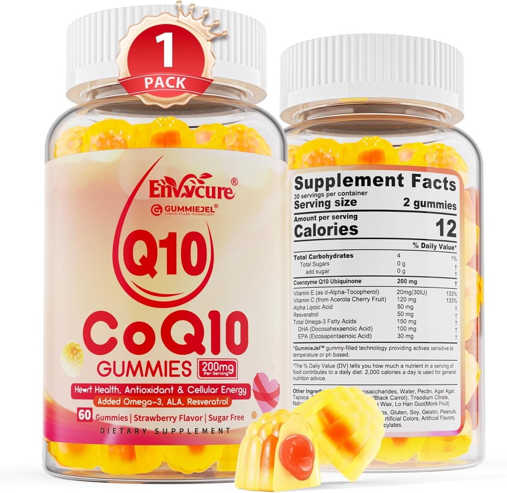Sokeriton CoQ10 200 mg täytetyt gamies, 5X parempi imeytyminen CoQ10 w/resveratrol, alfalipoiinihappo, Omega-3, E-vitamiini, C, Coenzyme Q10 soluihin energia, sydän, aivot, ja antioksidantti (1Pack)