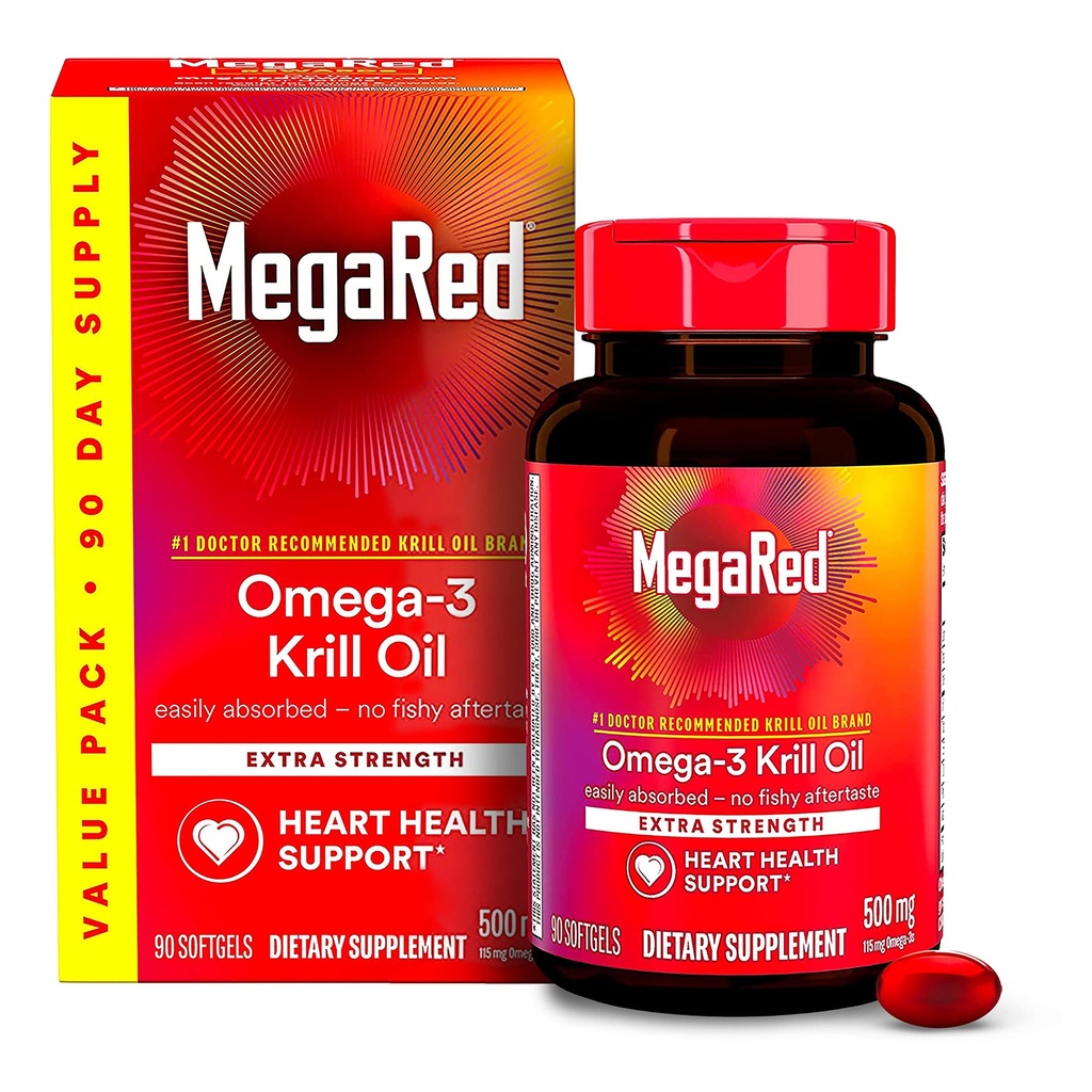 MegaRed Antarctic Krill Oil 500mg Omega 3 Fatty Acid Supplement, Extra Strength EPA & DHA Krill Oil Softgels (90cnt Box), Astaxanthin, Heart Health Supplement med No Fish Oil Aftertaste