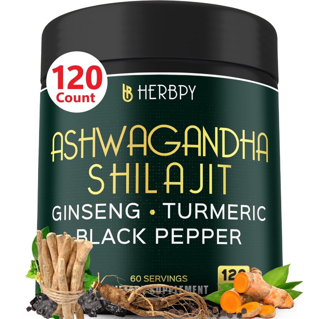 5in1 Ashwagandha Extra Strength with Shilajit for Stamina, Energy & Rentoutus Tuki - Plus Ginseng, Turmeerinen juuri & Mustapippuri - 120